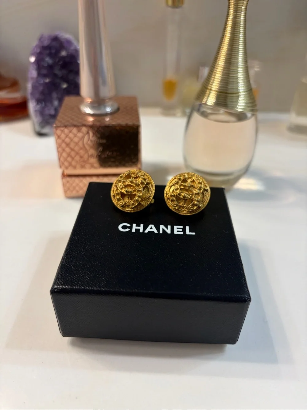CHANEL Gold Floral Medallion Button Earrings